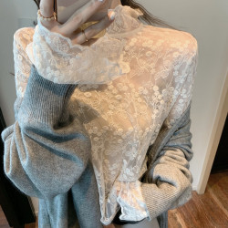大碼胖mm內搭蕾絲衫女秋冬新款長袖網紗洋氣小衫超仙精緻打底上衣