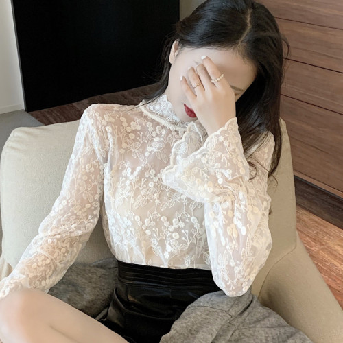 大碼胖mm內搭蕾絲衫女秋冬新款長袖網紗洋氣小衫超仙精緻打底上衣