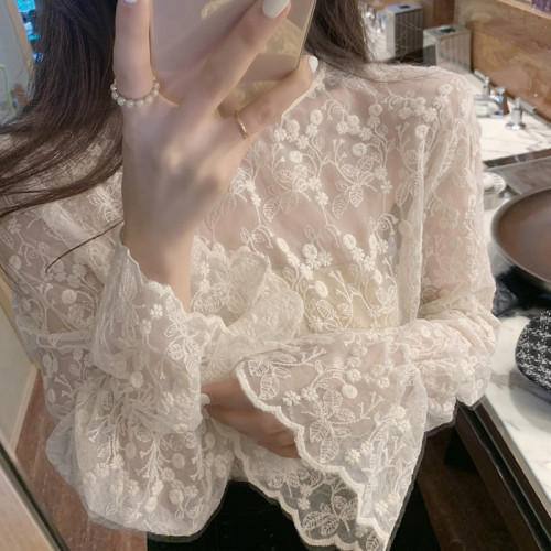 大碼胖mm內搭蕾絲衫女秋冬新款長袖網紗洋氣小衫超仙精緻打底上衣