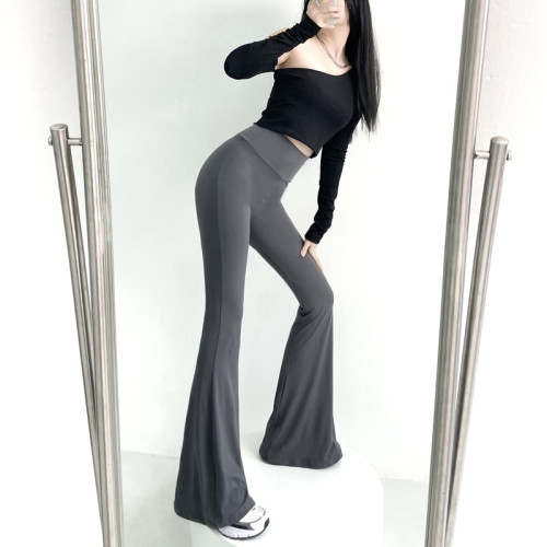 秋冬純色喇叭褲女高腰高彈包臀修身裸感健身瑜珈運動加長原創