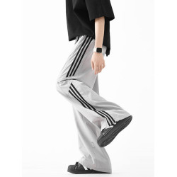 BWKA美式條紋沖鋒褲女男夏季冰絲薄款速乾休閒褲寬松濶腿拖地褲子