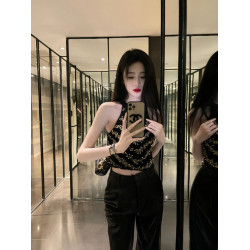 小香風重工釘珠鑲鑽掛脖針織背心女冷淡系高級感輕奢名媛氣質上衣