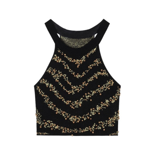 小香風重工釘珠鑲鑽掛脖針織背心女冷淡系高級感輕奢名媛氣質上衣