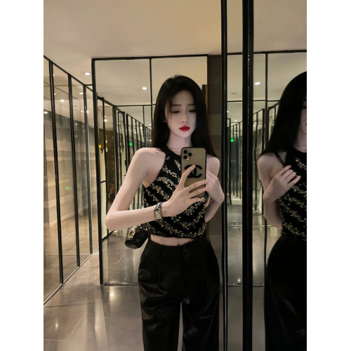 小香風重工釘珠鑲鑽掛脖針織背心女冷淡系高級感輕奢名媛氣質上衣