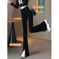 黑色開叉微喇叭褲女秋冬加絨2025新爆款垂感高腰小個子顯瘦休閒褲