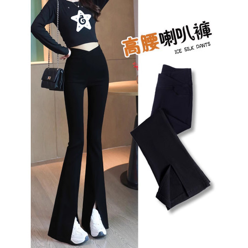 黑色開叉微喇叭褲女秋冬加絨2025新爆款垂感高腰小個子顯瘦休閒褲