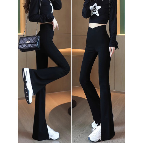 黑色開叉微喇叭褲女秋冬加絨2025新爆款垂感高腰小個子顯瘦休閒褲