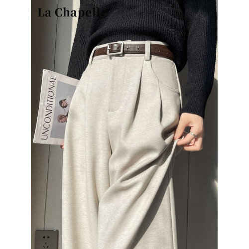 拉夏貝爾加絨毛呢褲子濶腿褲女秋冬季小個子直筒窄版高腰西裝長褲