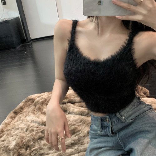 軟糯水貂毛短款針織背心女秋冬保暖加厚純欲辣妹無袖打底吊帶毛衣