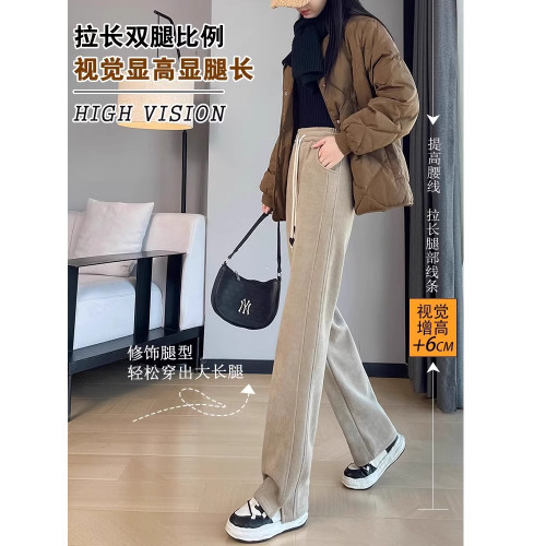 濶腿香蕉褲女春秋冬季加絨加厚女褲垂感休閒高腰直筒雪尼爾運動褲