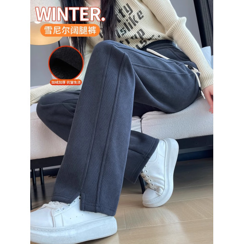 濶腿香蕉褲女春秋冬季加絨加厚女褲垂感休閒高腰直筒雪尼爾運動褲