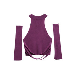 削肩紫色辣妹毛衣背心女冬季短款針織打底衫性感設計外穿袖套上衣