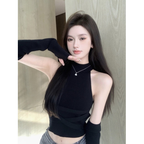 削肩紫色辣妹毛衣背心女冬季短款針織打底衫性感設計外穿袖套上衣