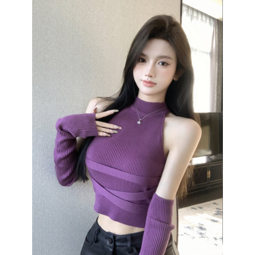 削肩紫色辣妹毛衣背心女冬季短款針織打底衫性感設計外穿袖套上衣