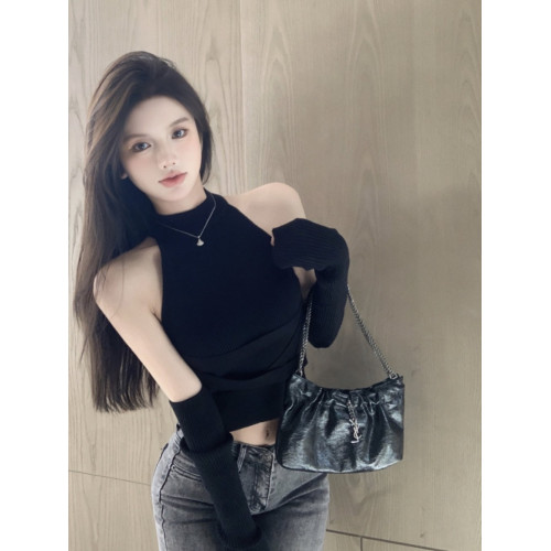 削肩紫色辣妹毛衣背心女冬季短款針織打底衫性感設計外穿袖套上衣