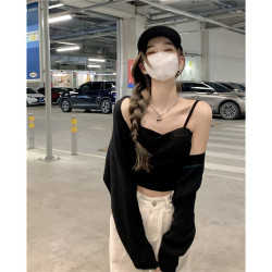 黑色吊帶小背心女秋冬季帶胸墊性感辣妹短款西裝內搭打底抹胸上衣