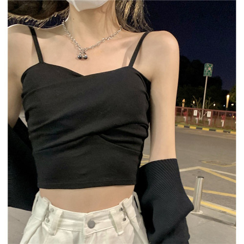 黑色吊帶小背心女秋冬季帶胸墊性感辣妹短款西裝內搭打底抹胸上衣
