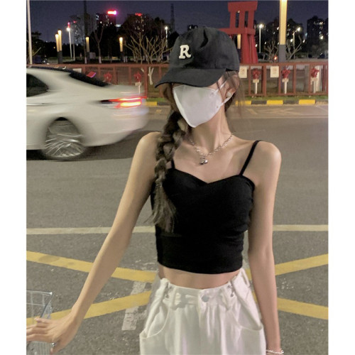 黑色吊帶小背心女秋冬季帶胸墊性感辣妹短款西裝內搭打底抹胸上衣