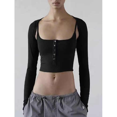 Badblood短款吊帶背心單排釦女士修身露臍性感無袖內搭辣妹上衣潮