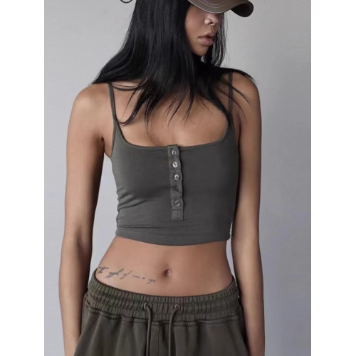 Badblood短款吊帶背心單排釦女士修身露臍性感無袖內搭辣妹上衣潮