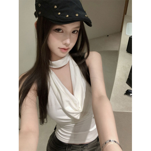 卡其色辣妹蕩領掛脖吊帶背心女秋外穿新款高級感絕美露背無袖上衣