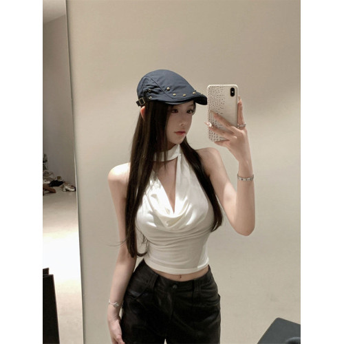 卡其色辣妹蕩領掛脖吊帶背心女秋外穿新款高級感絕美露背無袖上衣