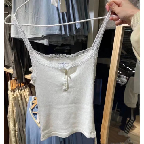 Brandy Girl螺紋蕾絲邊吊帶三粒釦BM打底純棉辣妹內搭背心上衣女