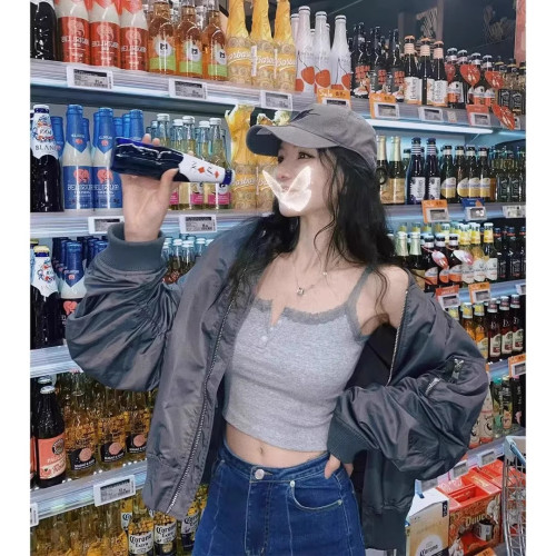 Brandy Girl螺紋蕾絲邊吊帶三粒釦BM打底純棉辣妹內搭背心上衣女