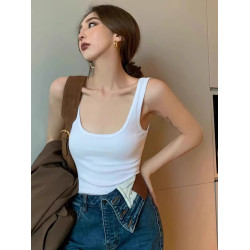 復古咖色U領內搭背心女夏外穿寬肩帶修身顯瘦吊帶打底遮副乳上衣