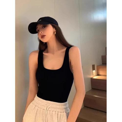 復古咖色U領內搭背心女夏外穿寬肩帶修身顯瘦吊帶打底遮副乳上衣