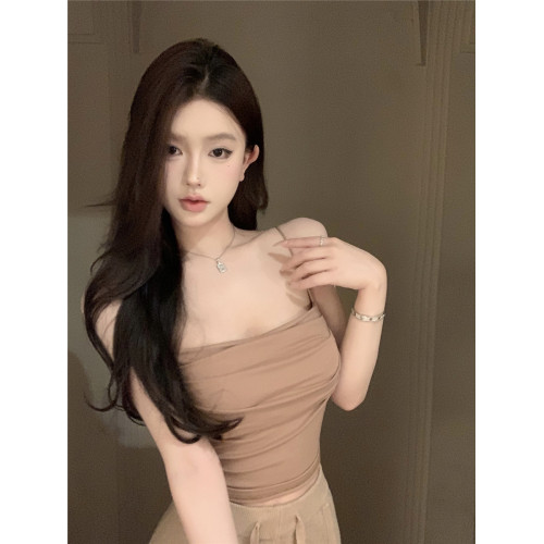 短款褶皺帶胸墊針織吊帶背心女夏季修身內搭咖色性感辣妹上衣外穿