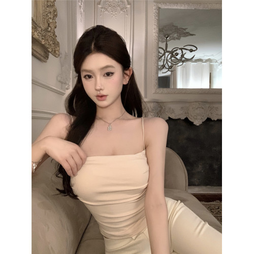 短款褶皺帶胸墊針織吊帶背心女夏季修身內搭咖色性感辣妹上衣外穿