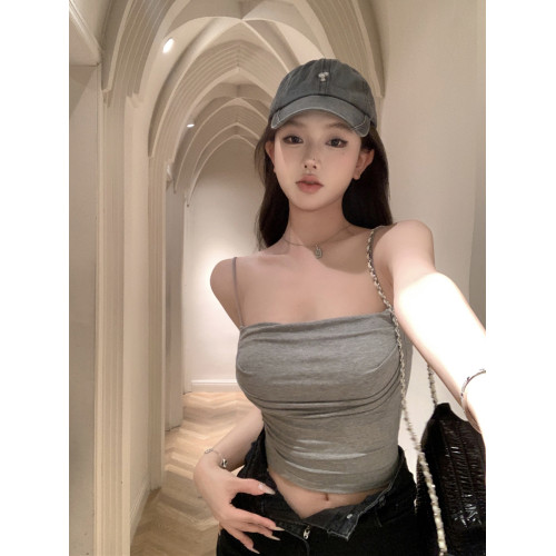 短款褶皺帶胸墊針織吊帶背心女夏季修身內搭咖色性感辣妹上衣外穿