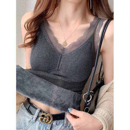 保暖吊帶背心女秋冬加絨加厚配西裝內搭打底蕾絲一體絨上衣毛絨絨