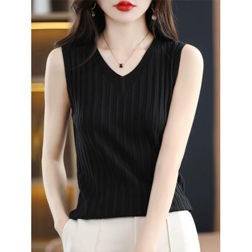 v領冰絲針織吊帶背心女夏配西裝內搭打底上衣性感修身鏤空無袖t恤