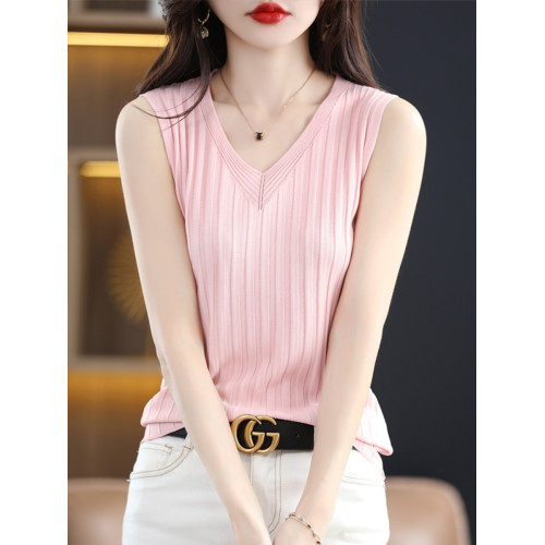 v領冰絲針織吊帶背心女夏配西裝內搭打底上衣性感修身鏤空無袖t恤