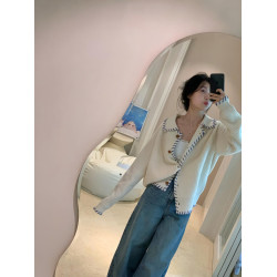 撞色設計感坑條翻領長袖毛衣外套秋季新款慵懶風寬松針織衫上衣女