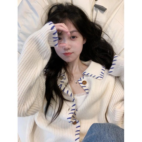 撞色設計感坑條翻領長袖毛衣外套秋季新款慵懶風寬松針織衫上衣女 撞色設計感坑條翻領長袖毛衣外套秋季新款慵懶風寬松針織衫上衣女