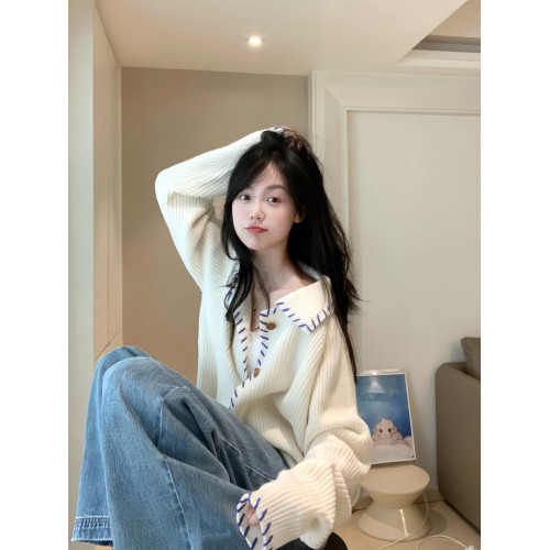 撞色設計感坑條翻領長袖毛衣外套秋季新款慵懶風寬松針織衫上衣女 撞色設計感坑條翻領長袖毛衣外套秋季新款慵懶風寬松針織衫上衣女