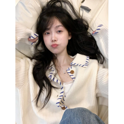 撞色設計感坑條翻領長袖毛衣外套秋季新款慵懶風寬松針織衫上衣女 撞色設計感坑條翻領長袖毛衣外套秋季新款慵懶風寬松針織衫上衣女