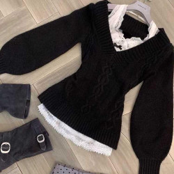 黑色收腰v領毛衣女秋季設計感針織上衣