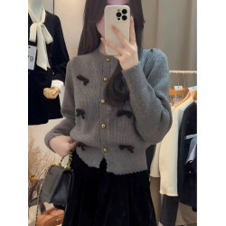 小香風氣質顯瘦蝴蝶結毛衣開衫女冬季新款溫柔風甜美百搭短款上衣