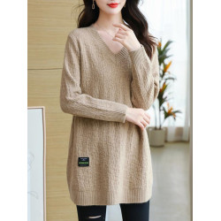 秋冬季300斤特大碼寬松中長款純色V領簡約風胖MM針織毛衣衫女裝潮