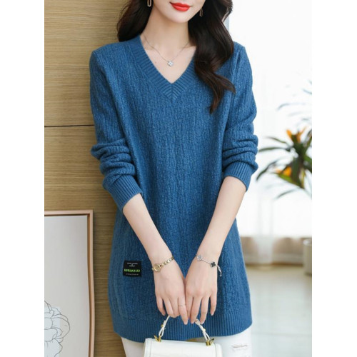 秋冬季300斤特大碼寬松中長款純色V領簡約風胖MM針織毛衣衫女裝潮