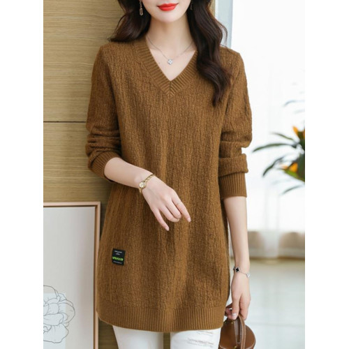 秋冬季300斤特大碼寬松中長款純色V領簡約風胖MM針織毛衣衫女裝潮