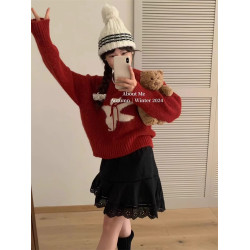 韓國毛衣寬松軟糯奶fufu減齡卡通小熊系繩上衣女2024秋冬款針織衫