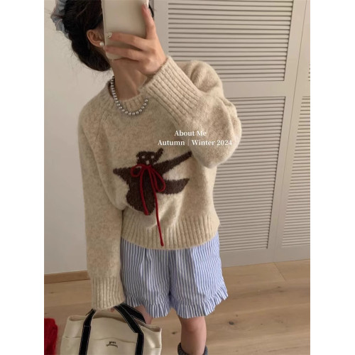 韓國毛衣寬松軟糯奶fufu減齡卡通小熊系繩上衣女2024秋冬款針織衫 韓國毛衣寬松軟糯奶fufu減齡卡通小熊系繩上衣女2024秋冬款針織衫