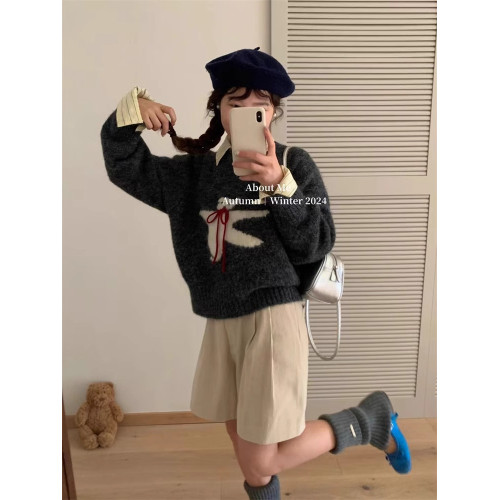韓國毛衣寬松軟糯奶fufu減齡卡通小熊系繩上衣女2024秋冬款針織衫 韓國毛衣寬松軟糯奶fufu減齡卡通小熊系繩上衣女2024秋冬款針織衫