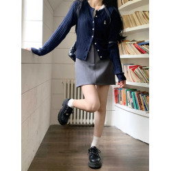 藏藍色刺綉針織開衫女早秋外搭修身顯瘦正肩毛衣外套韓系短款上衣