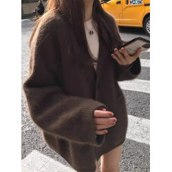 高級感軟糯黑色v領針織開衫女秋冬加厚寬松慵懶毛衣外套上衣外搭